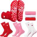 Geyoga 3 Pairs Heart Pilates Socks for Women Nonslip Gripper Yoga Athletic Crew Socks for Mother's Day, Barre, Barefoot (Red White Pink)