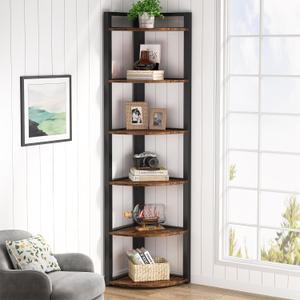Tribesigns 6 Tier Corner Shelf, 70.9 Inch Tall Corner Bookshelf Small Bookcase Rustic Corner Shelving Unit Storage Rack for Living Room, Home Office, Kitchen, Small Space (Brown)