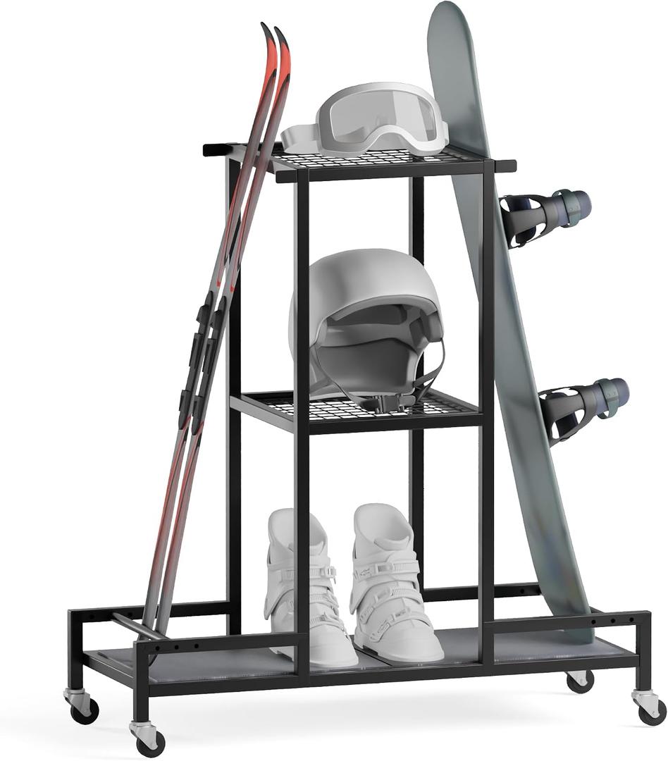 Standing Ski Storage Rack, Holds Snowboards & Skis, 3-Tier Organizer for Gear, Black - Ski Rack for Garage with Anti-Slipmat