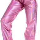 SIAEAMRG Womens Shiny Metallic High Waist Stretchy Jogger Pants, Wet Look Hip Hop Club Wear Holographic Trousers Sweatpant (Pink, S)