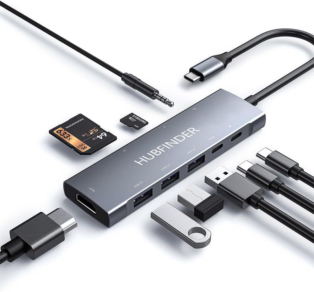 USB C Hub, HUBFINDER 9 in 1 USBC to HDMI with 4K, 100W Power Delivery, 3 USB3.0 and USB-C 5 Gbps Data Ports, SD/TF Card Reader, 3.5mm Headphone Jack, for MacBook Air, MacBook Pro,iPad Pro