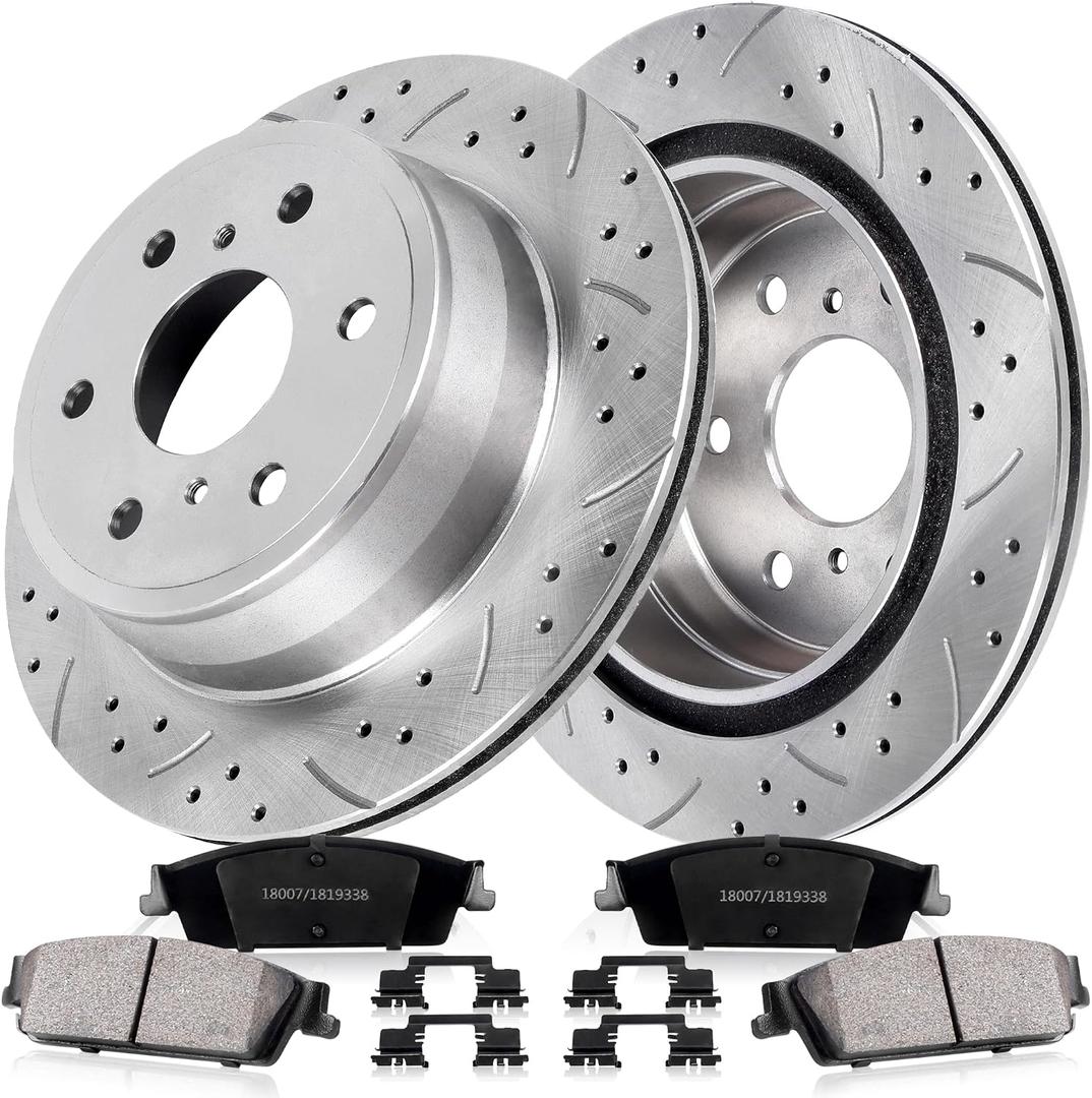 Rear Drilled and Slotted Brake Pads and Rotors Kit Ceramic Automotive Replacement Brake Kits Vented 13.57 Inch Compatible for Silverado Tahoe Sierra Yukon 2007-2014 (10 Pcs)