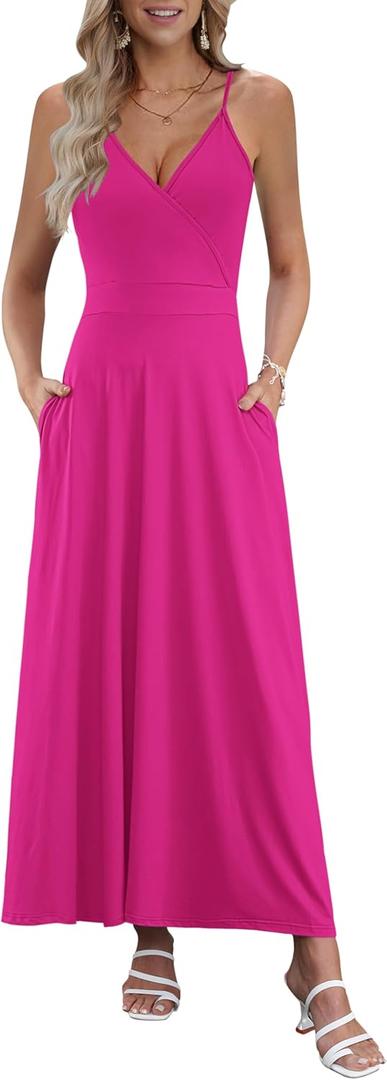 AUSELILY Womens Summer Dress 2025 Sleeveless V Neck Formal Party Evening Cocktail Long Dress with Pockets (Pink, S)