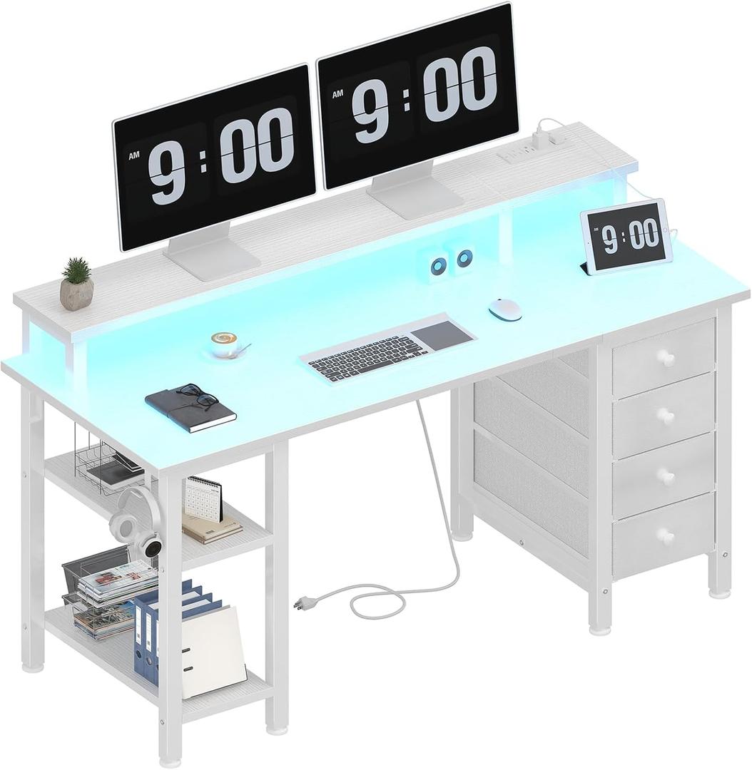 Lufeiya White Desk with Monitor Stand LED Lights and Power Outlets, 47 inch Home Office Desk, Computer Gaming Desk with Fabric Drawers and Storage Shelves, White (47.2")
