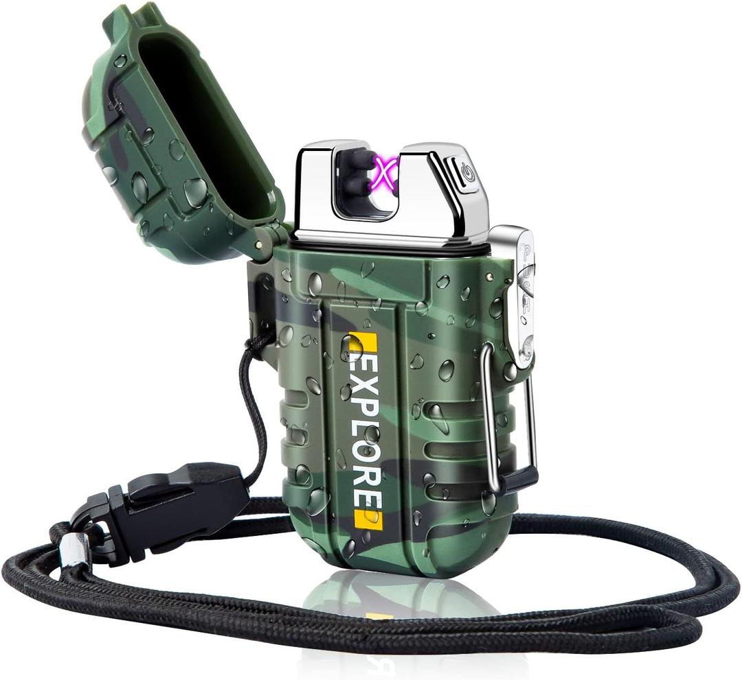 LcFun Waterproof Electric Dual Arc Lighter USB Rechargeable Outdoor Windproof Flameless Plasma Lighters for Camping, Hiking, Adventure, Survival Tactical Gear Stocking Stuffers Gifts for Men (Green Camouflage (Without Whistle))