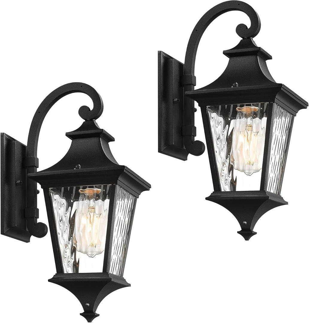 Emliviar 2-Pack Farmhouse Lantern Wall Sconces, 15" Wall Mount Outdoor Lights, Black Finish with Water Ripple Glass, XE292B-2PK-SW BK