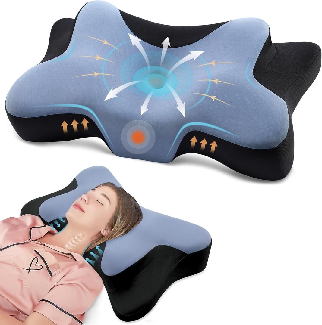 DONAMA Cervical Neck Pillow for Pain Relief,Odorless Contour Memory Foam Pillows with Cooling Pillowcase Cozy Sleeping, Orthopedic Ergonomic Bed Pillows for Side Back Stomach Sleepers (Queen Size 25.2"Lx14.6"Wx5.1"H, Blue and Black)