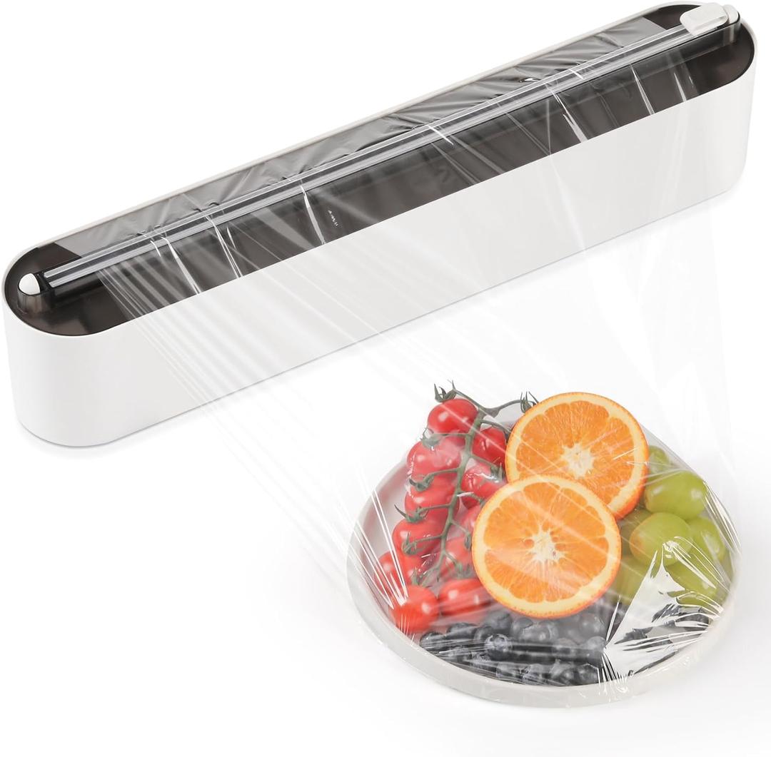 Aluminum Foil & Plastic Wrap Dispenser with Slide Cutter - Magnetic & No-Drill Wall Mount, Cling Film Dispenser for Worktops & Cabinets, Space-Saving Kitchen Organizer - Fits 12" Rolls, Black