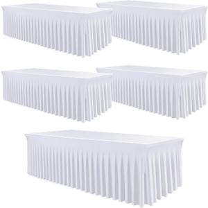 WJWHQ 5 Pack White Spandex Tablecloths, Stretch Fitted 6ft Table Cover (120 Inch) with Skirt, Wrinkle Free for Weddings, Parties, Banquets, Dining Fits 6 Foot Rectangle Tables
