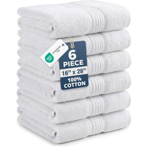 White Hand Towels for Bathroom - Pack of 6 (16"x28") 100% Cotton Hand & Face Towels - Soft, Durable, Quick Dry & Highly Absorbent, Fingertip Towel for Bathroom - Great for Gym, Salon, Spa & Family Use