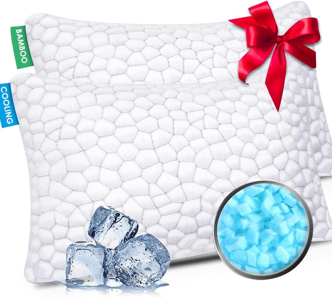 Cooling Pillow Queen Size Set of 2, Adjustable Bed Pillows for Sleeping, Luxury Shredded Memory Foam Pillows 2 Pack,Soft Yet Supportive Firm Pillow for Side,Back,Stomach Sleepers,Gifts for Hot Sleeper (Original White (Cooling))