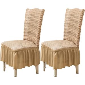 Qubjus Chair Covers for Dining Room Set of 2 Stretch Chair Slipcovers with Skirt Removable Washable Kitchen Chair Protector Cover Set for Home, Party, Wedding(Beige, 2Pcs)
