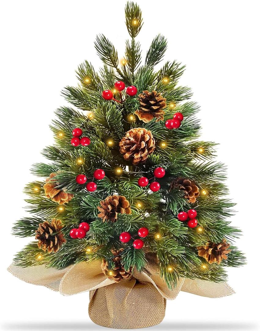 TURNMEON 20 Inch Realistic-Feel PE Thick Tabletop Christmas Tree with 35 Warm Lights Timer Battery Operated Full PE Pine Artificial Small Christmas Tree Red Berries Pinecone Xmas Decor Home Indoor