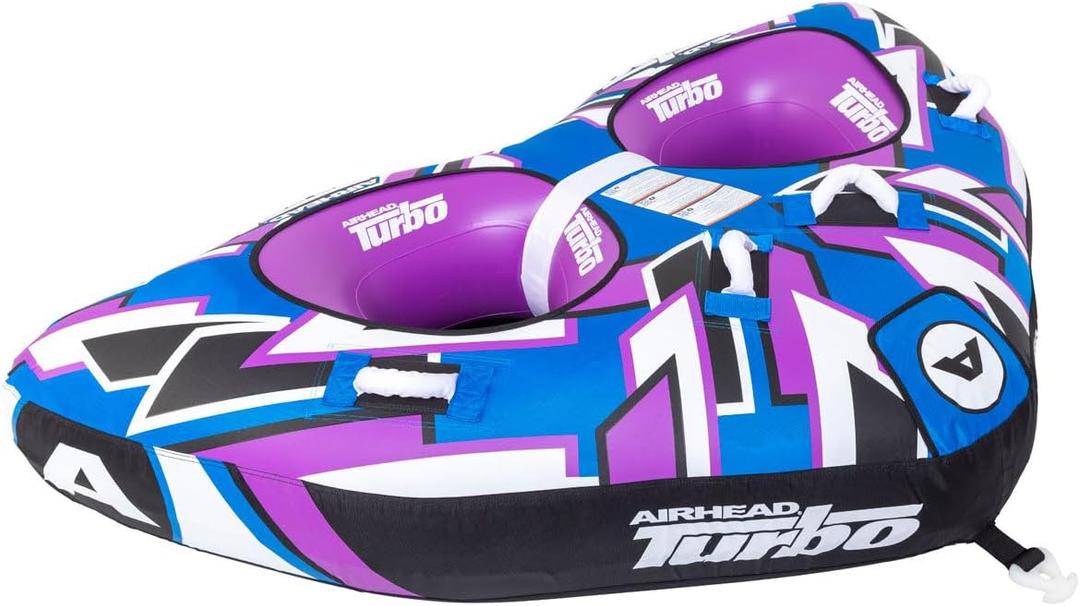 Airhead Turbo Blast Towable Tube for Boating, 2 Rider Inflatable Boat Tube for Water Tubing, Low Profile Design for Speed, Cushioned Handles for Stability, Kwik-Connect, Speed Safety Valve, 2 Person