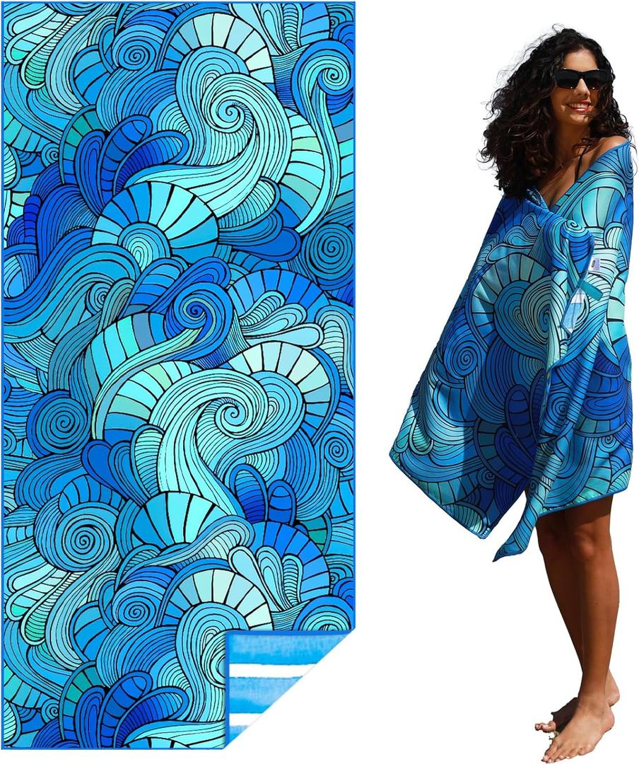 Microfiber Thin Lightweight Beach Towel Sand Free Quick Dry Absorbent Compact Towels for Swimming Pool Camping Beach Accessories Large Easy Pack Travel Things for Vacation Essentials Adult Gift (32x71 inch, Waves Tie Dye)