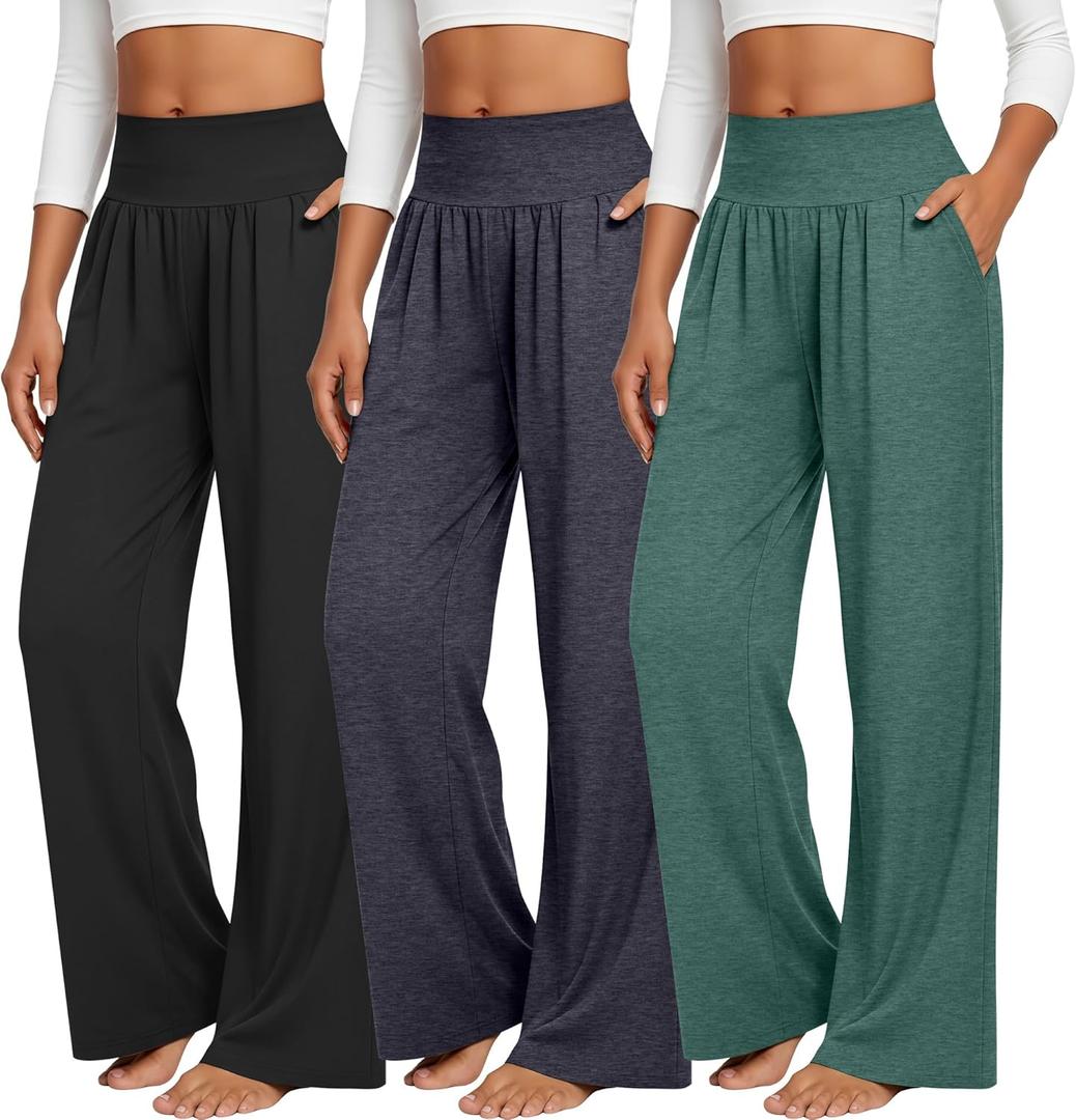 Neer 3 Pack Women's Wide Leg Yoga Pants Comfy Lounge Pants with Pockets Baggy Elastic Waist Joggers Ladies Open Bottom (XXL)