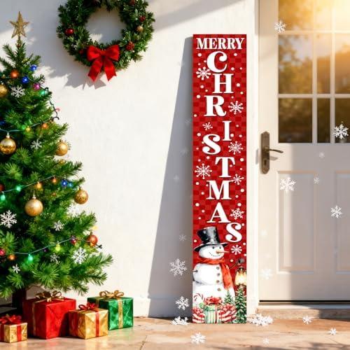 Merry Christmas Porch Sign, 47 Inch Wooden Christmas Snowflake Welcome Sign for Front Door Decorations, Red Rustic Farmhouse Hanging Standing Porch Leaner Signs Xmas Yard Decor for Garden Home
