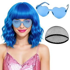 PLULON Blue Wavy Bob Wigs with Bangs Heart Sunglasses Hair Cap for Women, Colored Synthetic Hair Short Bob Loose Curly Shoulder Length Wigs for Costume Bachelorette Party Music Festival