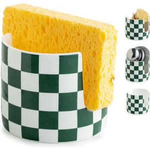 Ceramic Kitchen Sponge Holder, Dish Sponge Holder Suitable for Scrubby Farmhouse Dish Rack Brush Holder for Christmas Bathroom, Kitchen, Sink, Green and White (Cylindrical)