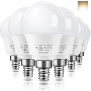 E12 Dimmable 60W Equivalent LED Light Bulbs, A15 6W Ceiling Fan Light Bulbs Warm White 3000K, Candelabra Base Globe Shape LED Bulbs, 600 Lumen, 6 Pack