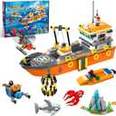 City Ocean Explorer Ship Building Set, Exploration Boat Set Toy Building Block with LED Lights, Helicopter, Submarine and Shark Cage, Birthday Gifts for 6 8 10 12 Years Old Boys Kids Girls
