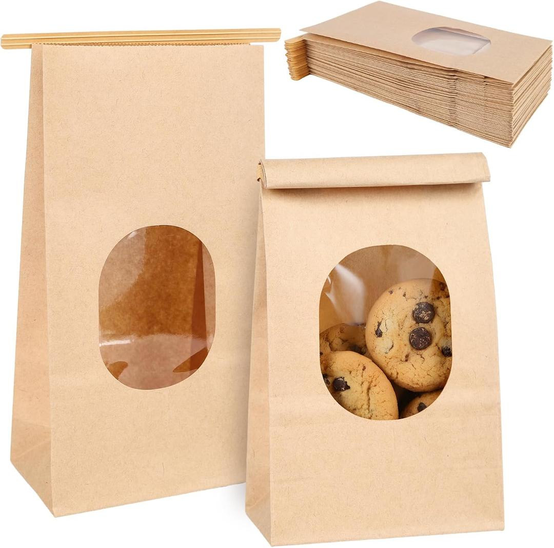 Bakery Bags with Window 100pcs, 5x2.75x9.6 Inches Kraft Paper Bags with Tin Tie LockResealable Food, 2026 Spring Women's GiftsTreats & Snack Gift Packaging