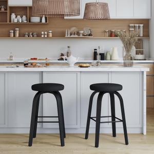 Swivel Bar Stools Set of 2, Counter Height Backless 26 Bar Stool, Fabric Upholstered Seat, Sturdy Wood Legs and Metal Footrest, Mid-Century Modern Island Stools for Home Bars (Black, 30 IN)