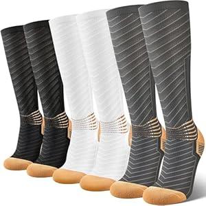 IRAMY Copper Compression Socks Men Women Ankle Support V-Shape Gradient Compression Coolmax Wicking Knee High Socks 3 Packs (Large)
