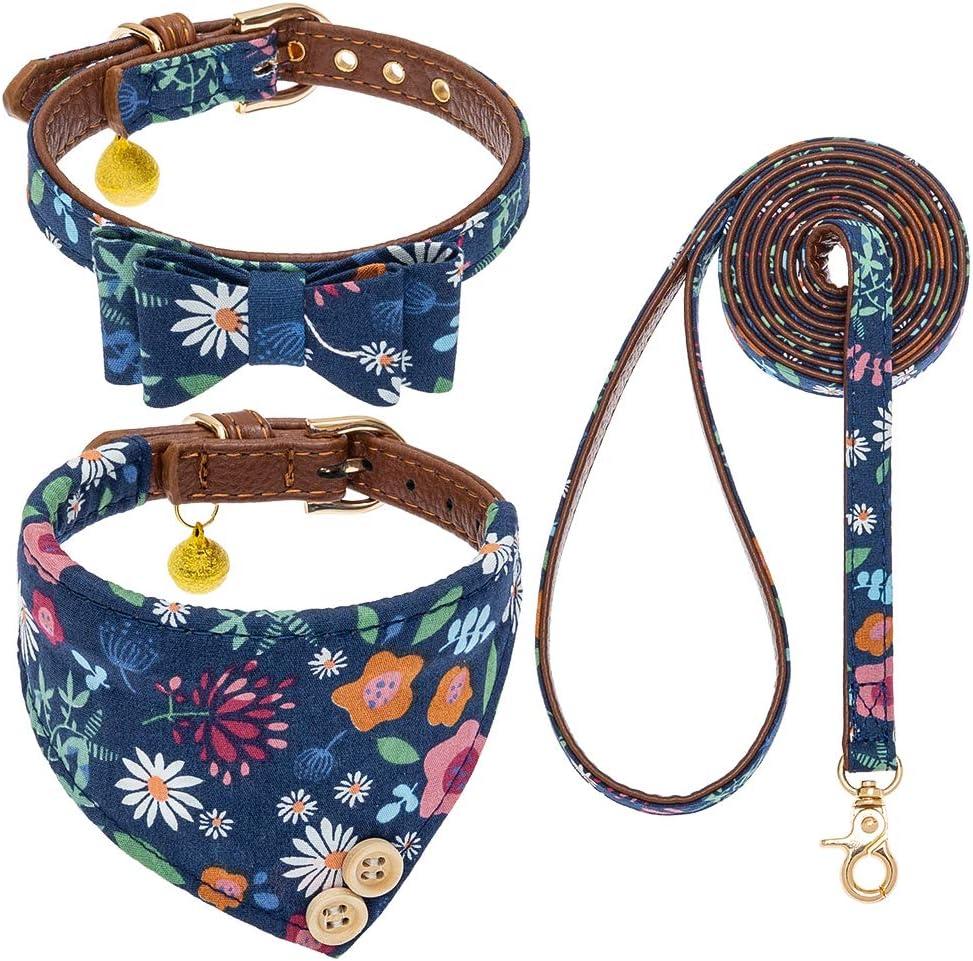 EXPAWLORER Dog Collar and Leash Set - Classic Plaid Dog Bow Tie and Dog Bandana Collar with Bell, Dog Leash Tangle Free, Adjustable Collars for Small Medium Dogs, Holiday Ideal Gift, Flower SM (Small-Medium, Flower)