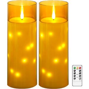 11" x 4" Large Outdoor Waterproof Flameless LED Candles with Remote and Timer,Acrylic Pillar Candles Battery Operated with Embedded Star String for Porch,Patio,Outdoor Decor,Set of 2(Gold)