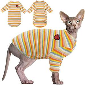 DENTRUN Hairless Cats Shirt Breathable Cat Daily Wear Clothes Stripe Vest Adorable Pajamas Jumpsuit Soft & Skin-Friendly, Size L