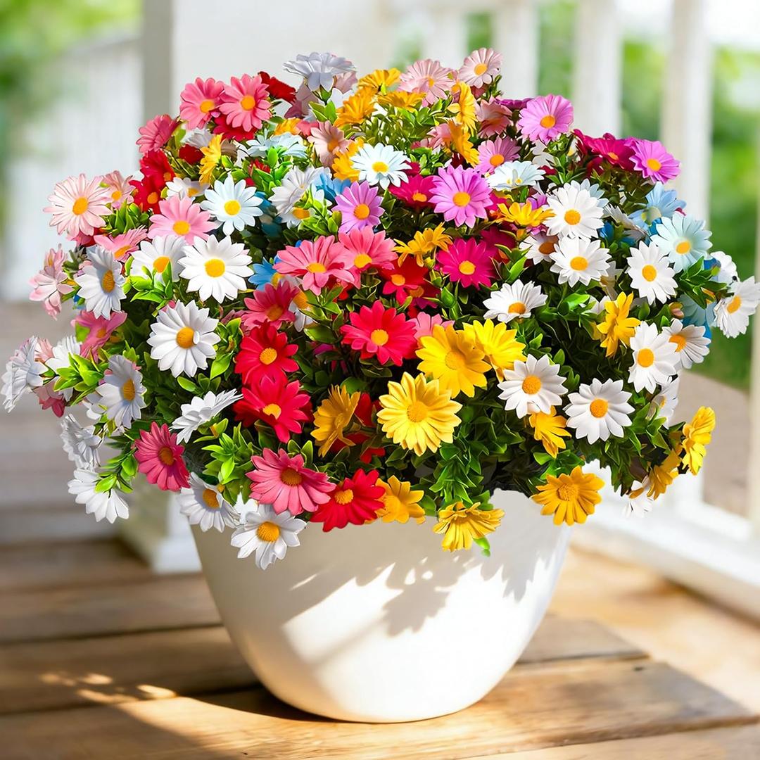12Pcs Artificial Flowers for Outdoors UV ResistantColorful Daisy Fake Flowers Bouquet Weatheroof Faux Flowers for Outdoor Planter Real Touch Silk Flowers for Front Door Garden Proch Patio