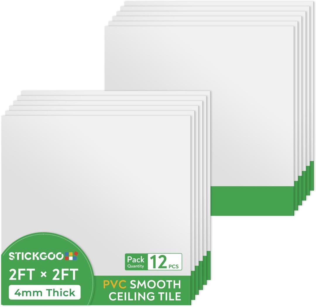 STICKGOO Smooth Drop Ceiling Tiles 2ft x 2ft, PVC Ceiling Tile 24 x 24in - Waterproof, Fire-Rated to Prevent Breakage - Package of 12 Tiles Cover 48 Sq. Ft, White (12 Pack of 2ft x 2ft, White)