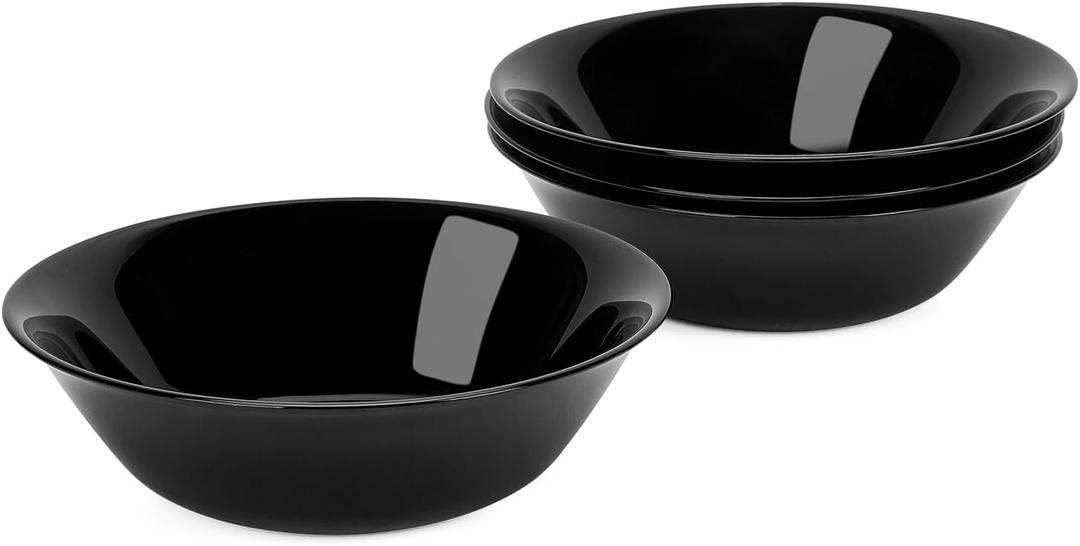 14 OZ (16 OZ MAX) Black Opal Glass Cereal Bowl Set of 4, 6.5 inch Dishwasher & Microwave Safe Round Bowls for Soup, Salad and Rice
