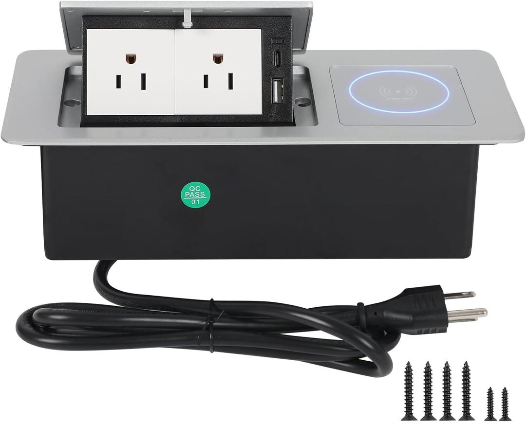 Table Pop Up Outlet Automatic Pop Up Strip Center Countertop Recessed Power Strip with 15W Wireless Charger + USB A + USB C + 2AC 5.9Ft Cord for Conference Desk Office Kitchen (Silver-Wireless)