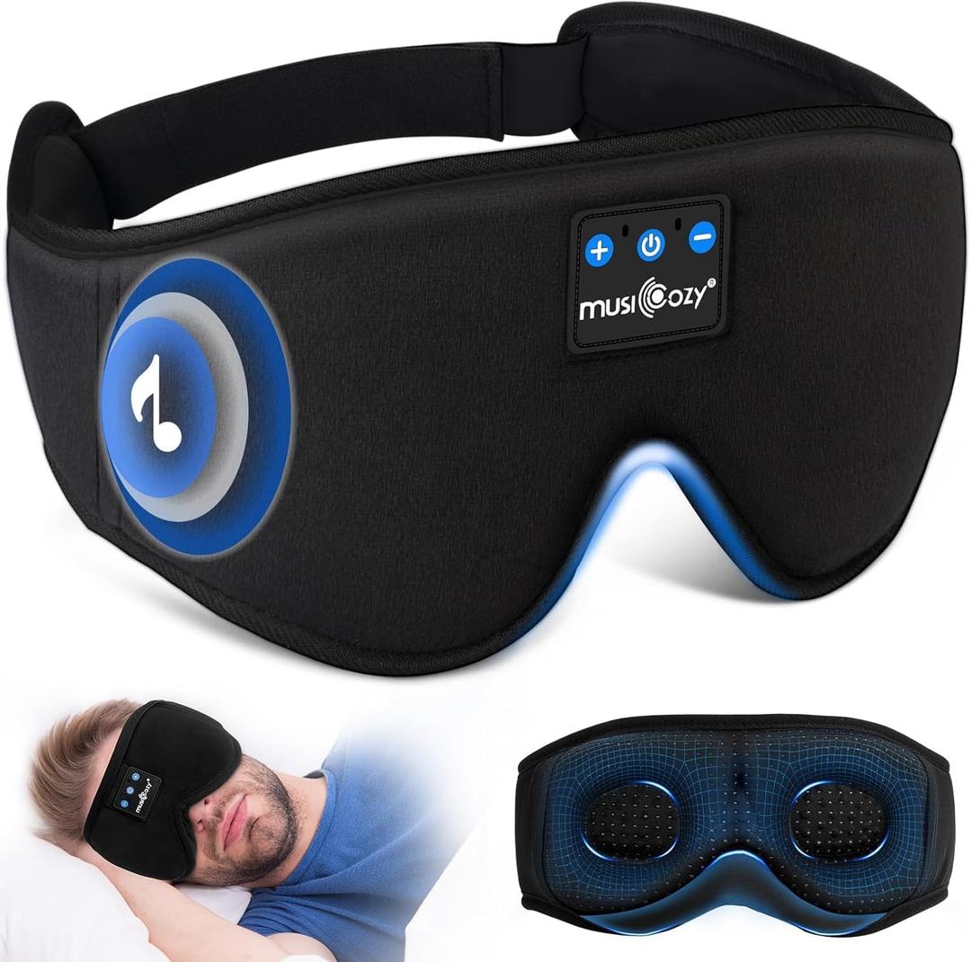 MUSICOZY Sleep Headphones, Bluetooth 5.4 Sleep Mask Headband Headphones Sleeping Eye Mask, Wireless Music Earbuds Earphones with HD Stereo Speakers for Side Sleepers, Cool Gadgets Unique Gift (Dark Black)
