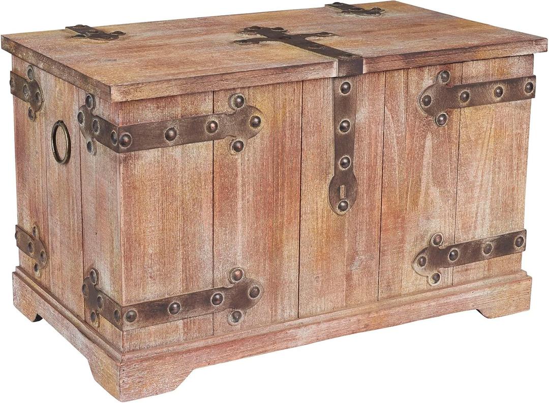 Household Essentials Decorative Trunk, Victorian, Large, Chinese Fir Wood, Aged-Wood Finish with Metal Accents, Fully Opening Lid, Stout Design, Ring Handles