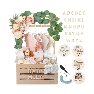 Wooden Baby Shower Crate Closet - Customizable Wooden Crate Box with Dual Rod System, Personalized Baby Shower Basket Alphabet Letters, Easy Assembly Baby Baskets for Baby Shower (Natural Wood)