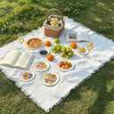 Boho White Cotton Picnic Blanket 91x71 Inch Extra Large, Woven Textured Tassel Outdoor Beach Mat, Machine Washable Portable Camping Blankets for Family Park Picnic, Boho Wedding Decor & Indoor Home