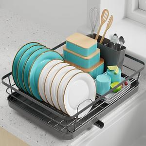 Sakugi Dish Drying Rack - Compact Dish Racks with Drain Board for Kitchen Counter, Durable Stainless Steel Dish Rack Used in Sink & on Countertop, Gray, Large