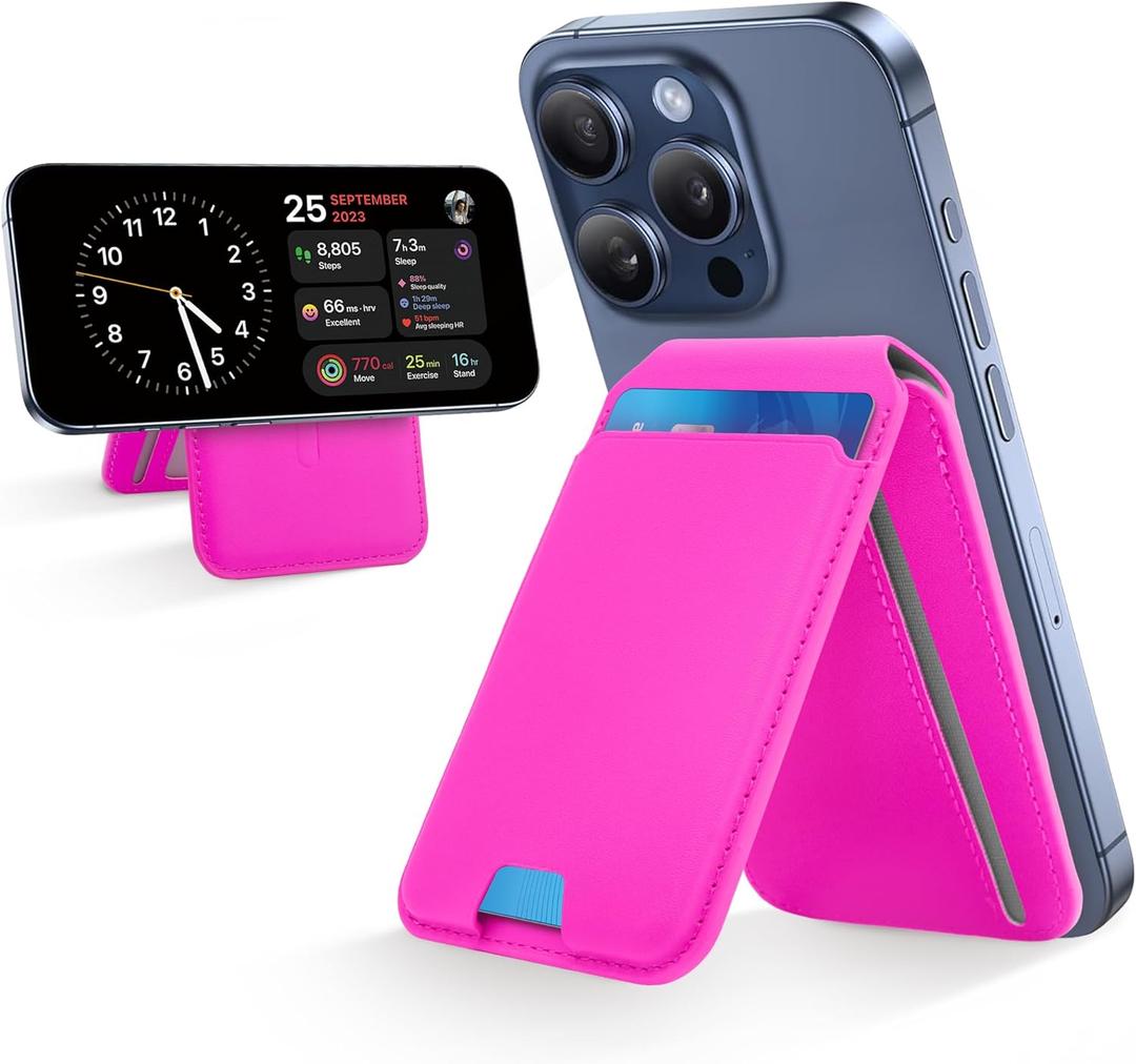 CreaDream Wallet for Magsafe, Magnetic Card Holder with RFID for iPhone 16/15/14/13/12 Series, Adjustable Phone Stand with 5 Card Holder, Hot Pink