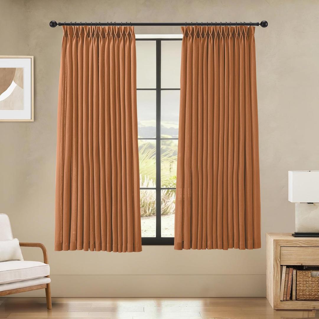 LIMON HOME Burnt Orange Linen Curtains 63 Inch Length 2 Panels for Living Room,Soft Thick Linen Textured Kitchen Window Drapes Semi Sheer Light Filtering Terracotta Pinch Pleated Boho Decor