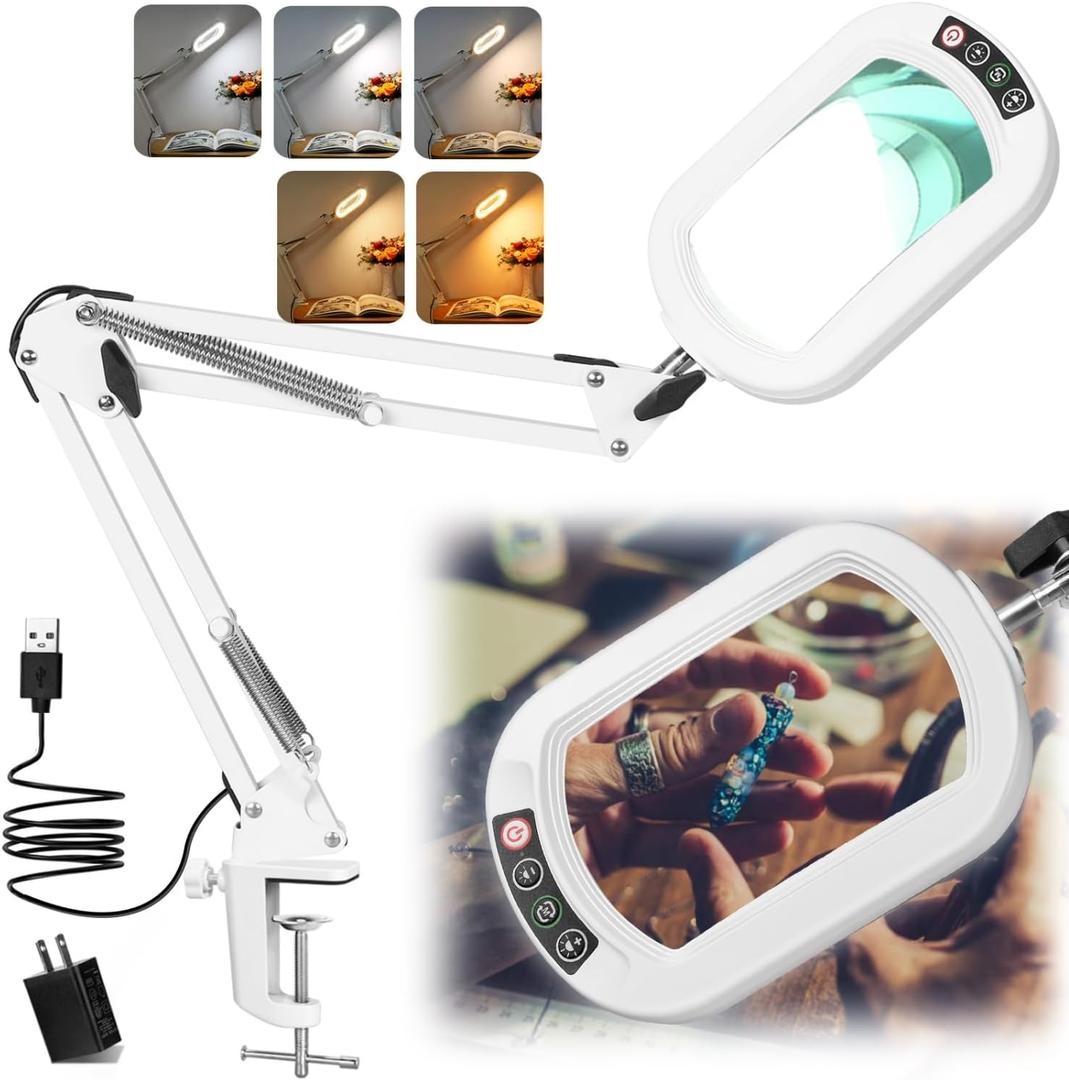10X Rectangle Magnifying Glass with Light, 5 Color Modes Stepless Dimmable Magnifier with Stand, LED Lighted Clamp Desk Lamp with Swing Arm, Hands Free for Reading Painting Close Work - White