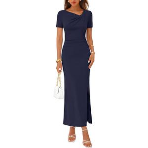 MEROKEETY Women's Summer Short Sleeve Maxi Dress Elegant Ruched Side Slit Formal Wedding Guest Cocktail Prom Dresses (Blue, L)