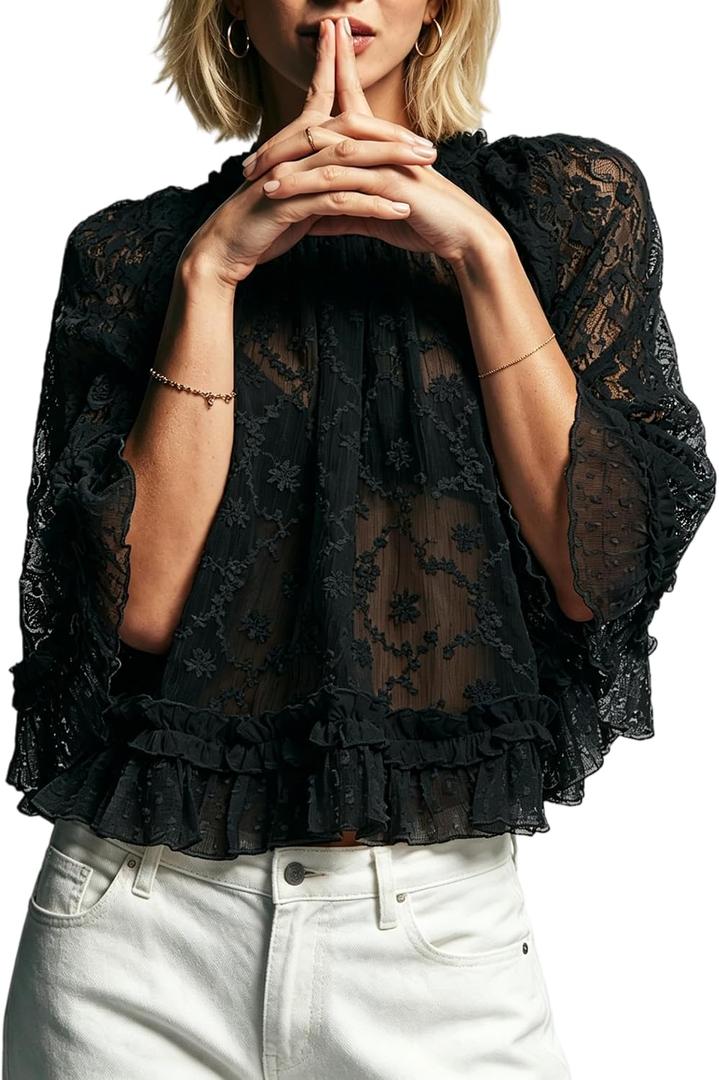 Women Lace Cape Flowy Top Ruffle Trim See Through Sheer Poncho Top Cover Up Sexy Blouses Batwing Tops (Black, M)