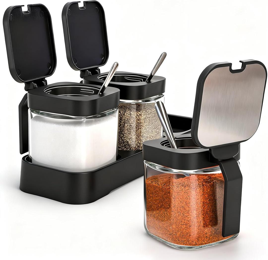 DEAYOU Set of 3 Glass Seasoning Box with Tray, 8.6oz Clear Condiment Canister Pots with 18/10 Stainless Steel Lid and Spoon, Salt Pepper Sugar Storage Container Spice Jar Cruet for Kitchen, Counter