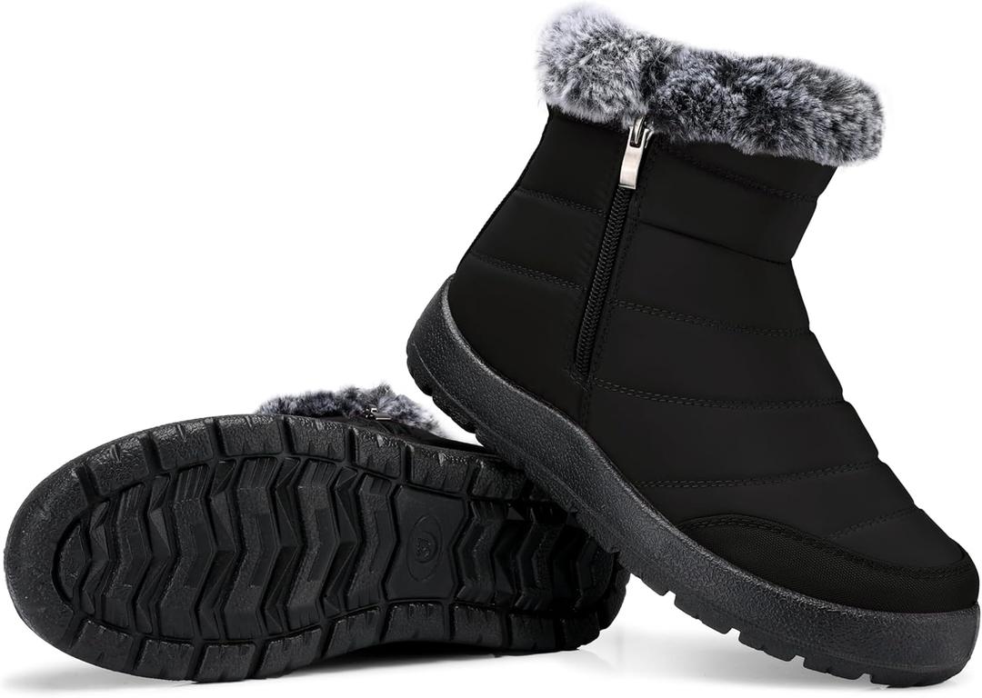 SHIBEVER Women Winter Snow Boots: Black Waterproof Walking Booties Non Slip Fur Lined Warm Outdoor Ankle Short Boot (9)