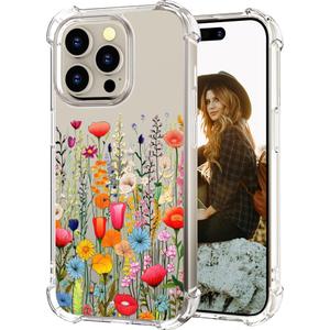 Hungo Compatible for iPhone 15 Pro Max Case for Women Clear Design Cute,Girly Girls Promax Colorful Bright Flowers Florals Field Seamless Summer Meadow Botanical