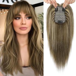 Flufymooz 100% Real Human Hair Toppers, 12 Inch Human Hair Toppers for Thinning Hair Large Hand-woven Area 360 Coverage Natural Hairpiece for Women 5"x3" Silk Base (Chocolate Brown with Blonde)