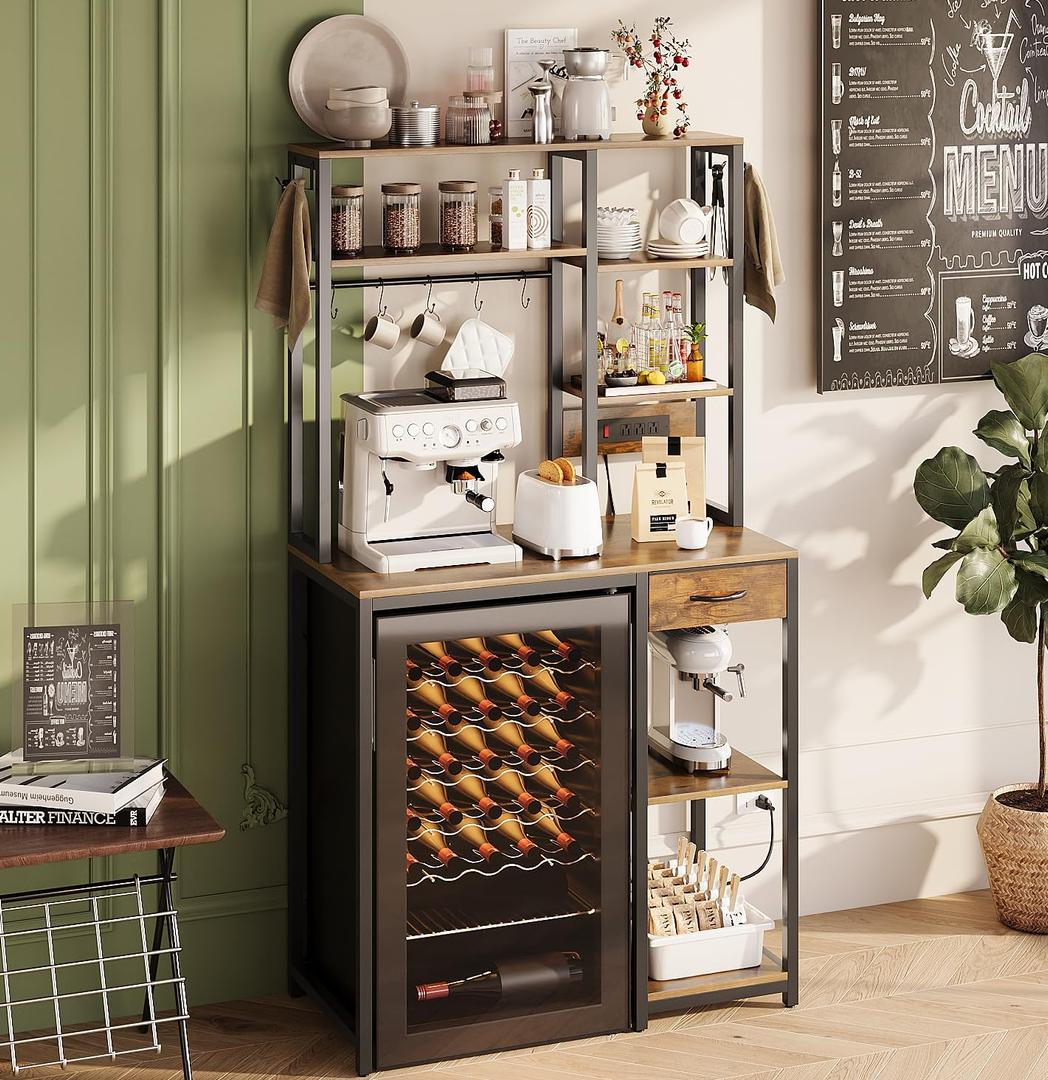 Espelism 6-Tier Mini Fridge Stand with Power Outlet and Drawer, Freestanding Bakers Rack with Storage, Microwave Storage Shelf for Kitchen, Coffee Bar Organizer with Hooks (Rustic Brown)